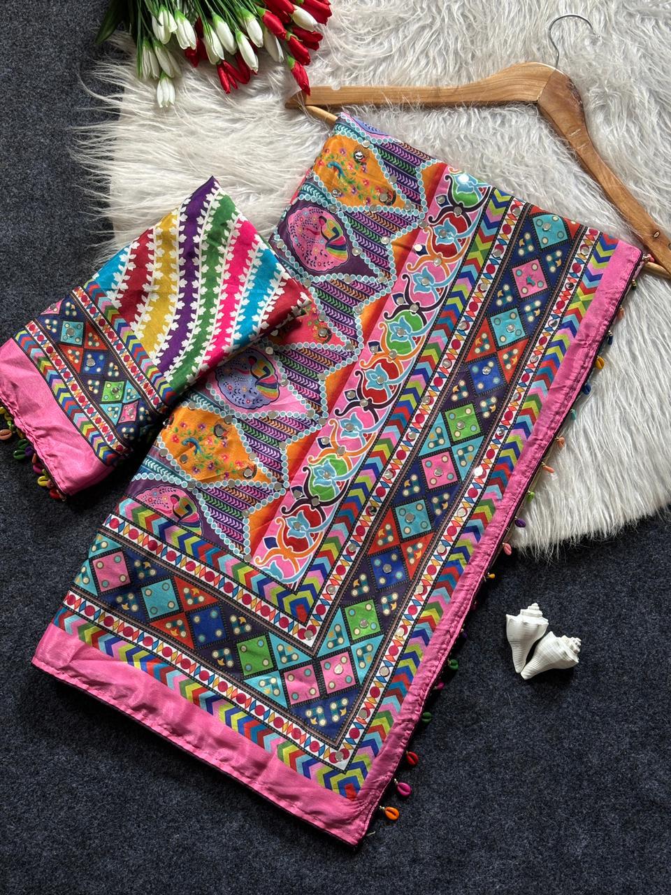 Multicolor Soft Fox Georgette Saree with Real Mirror Work & Khatli Hand Embellishments