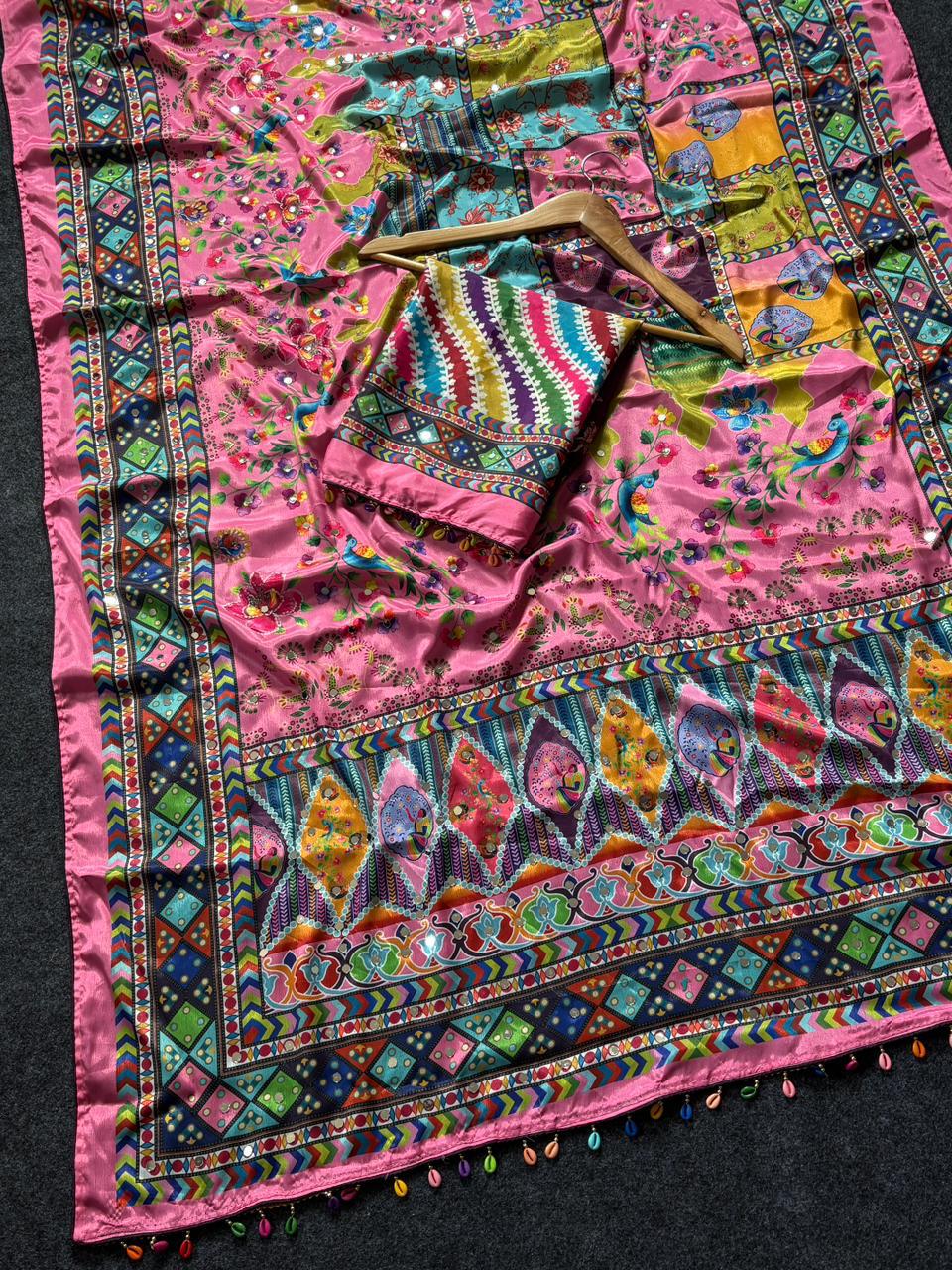 Multicolor Soft Fox Georgette Saree with Real Mirror Work & Khatli Hand Embellishments