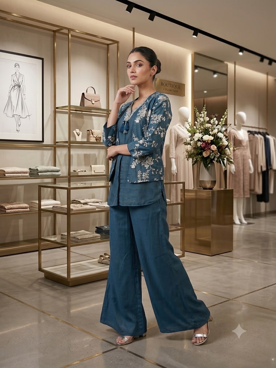 Blue floral Heavy Designer Festiv Wear co-ord set
