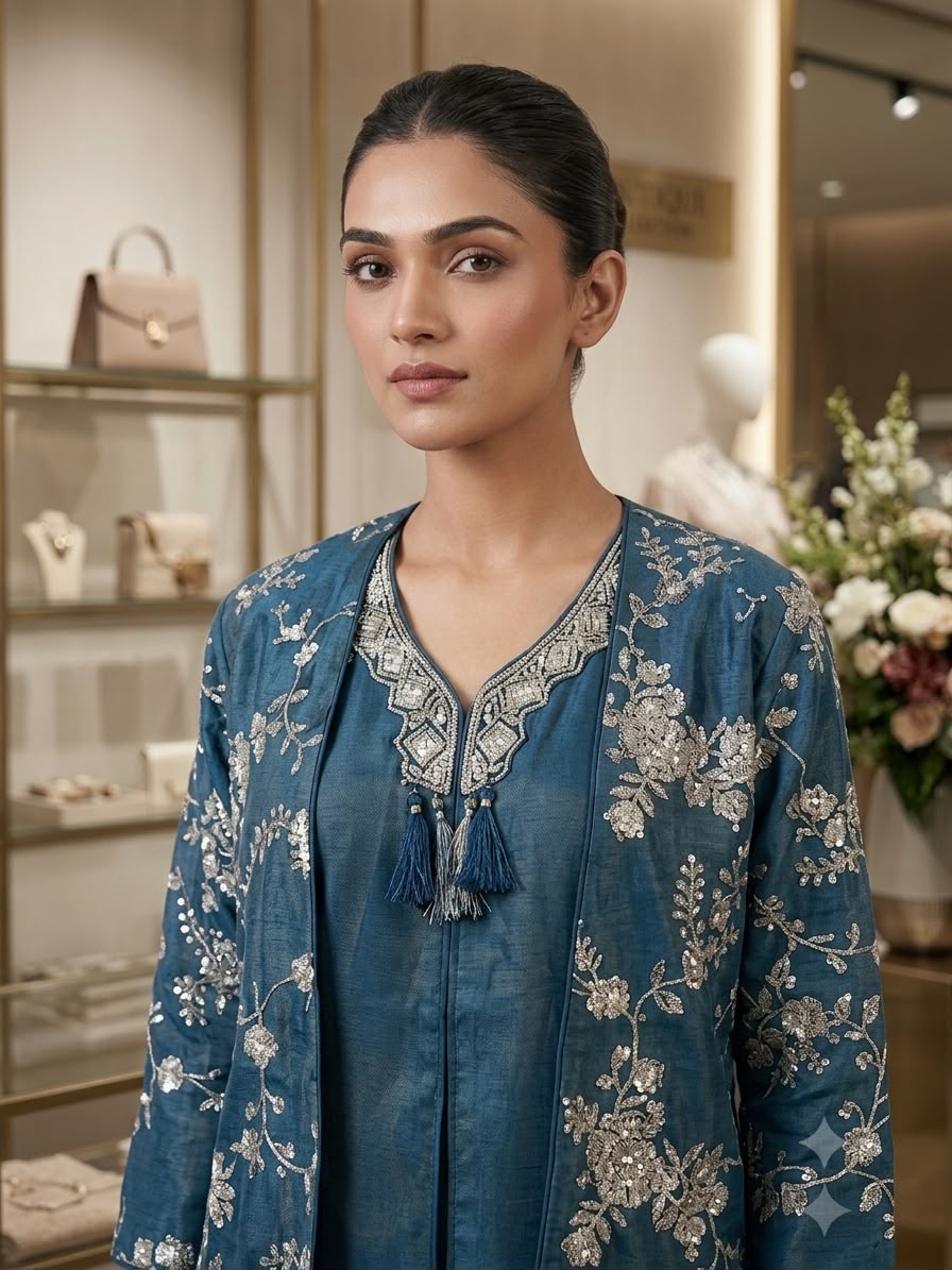 Blue floral Heavy Designer Festiv Wear co-ord set