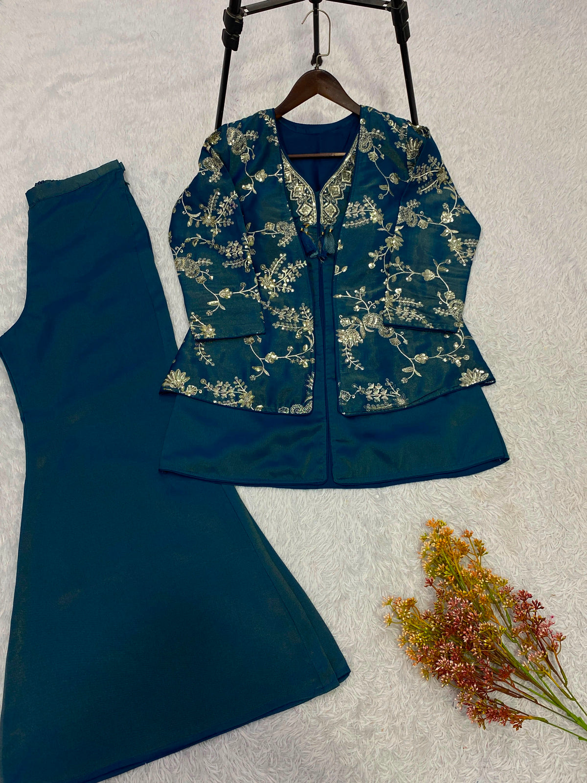 Blue floral Heavy Designer Festiv Wear co-ord set
