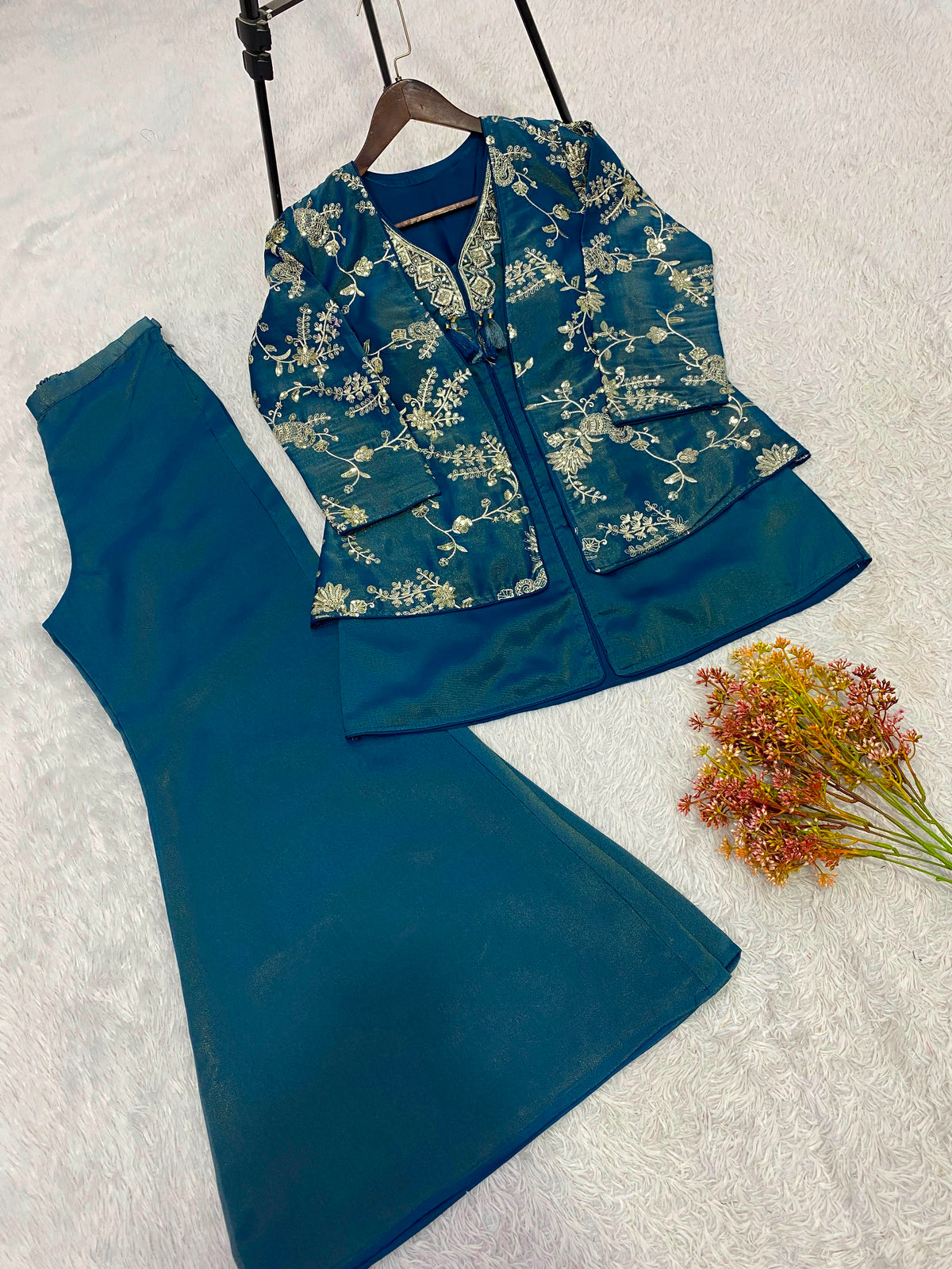 Blue floral Heavy Designer Festiv Wear co-ord set