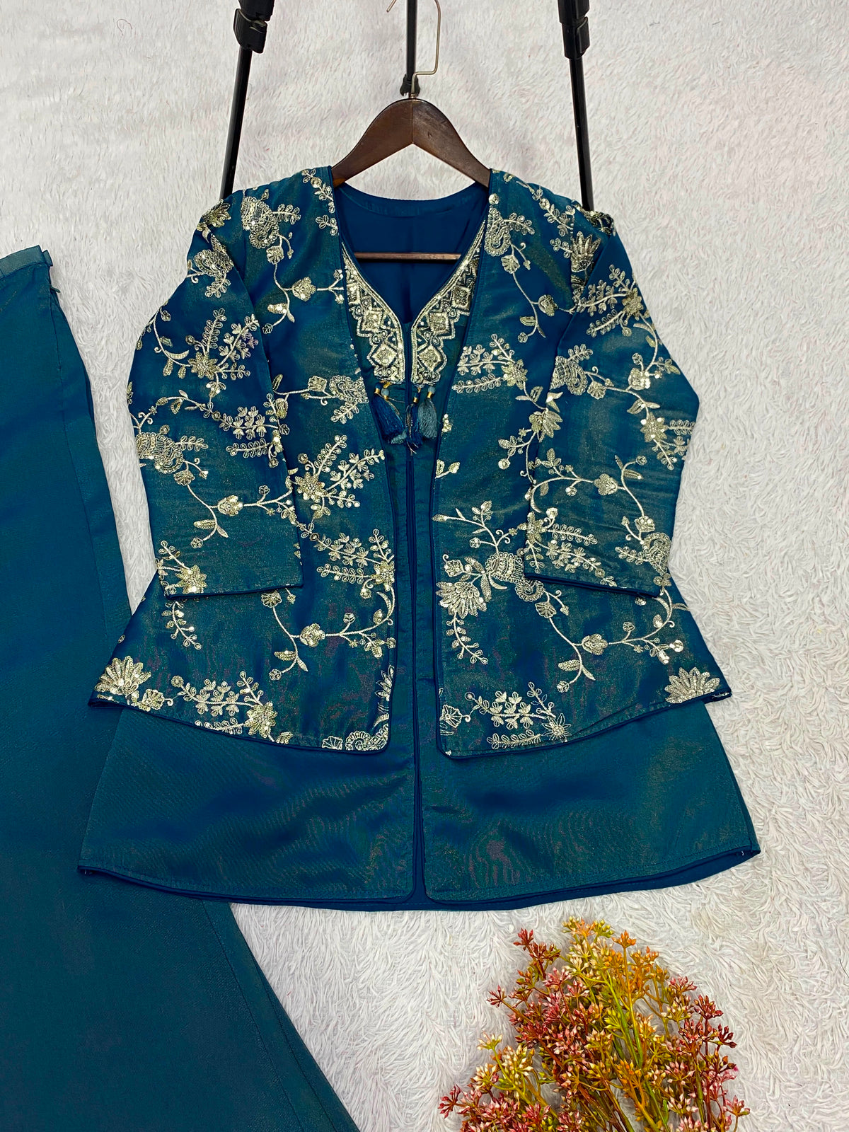 Blue floral Heavy Designer Festiv Wear co-ord set