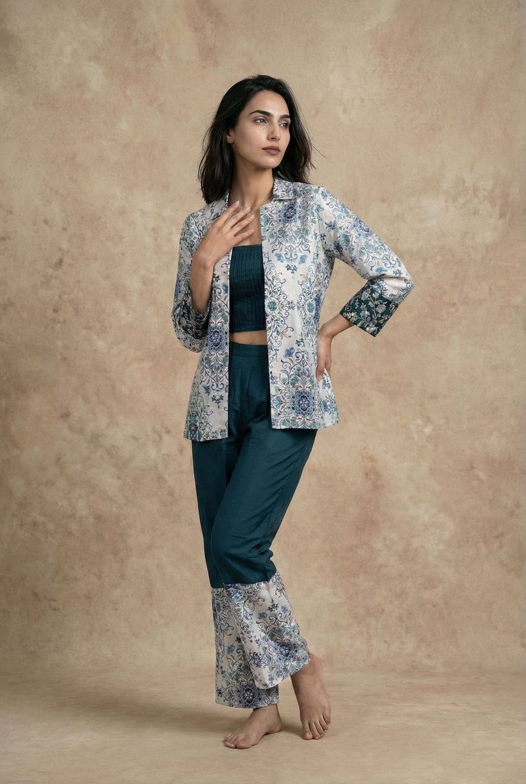 Elegant Digital Print Modal Satin Top Pant Set