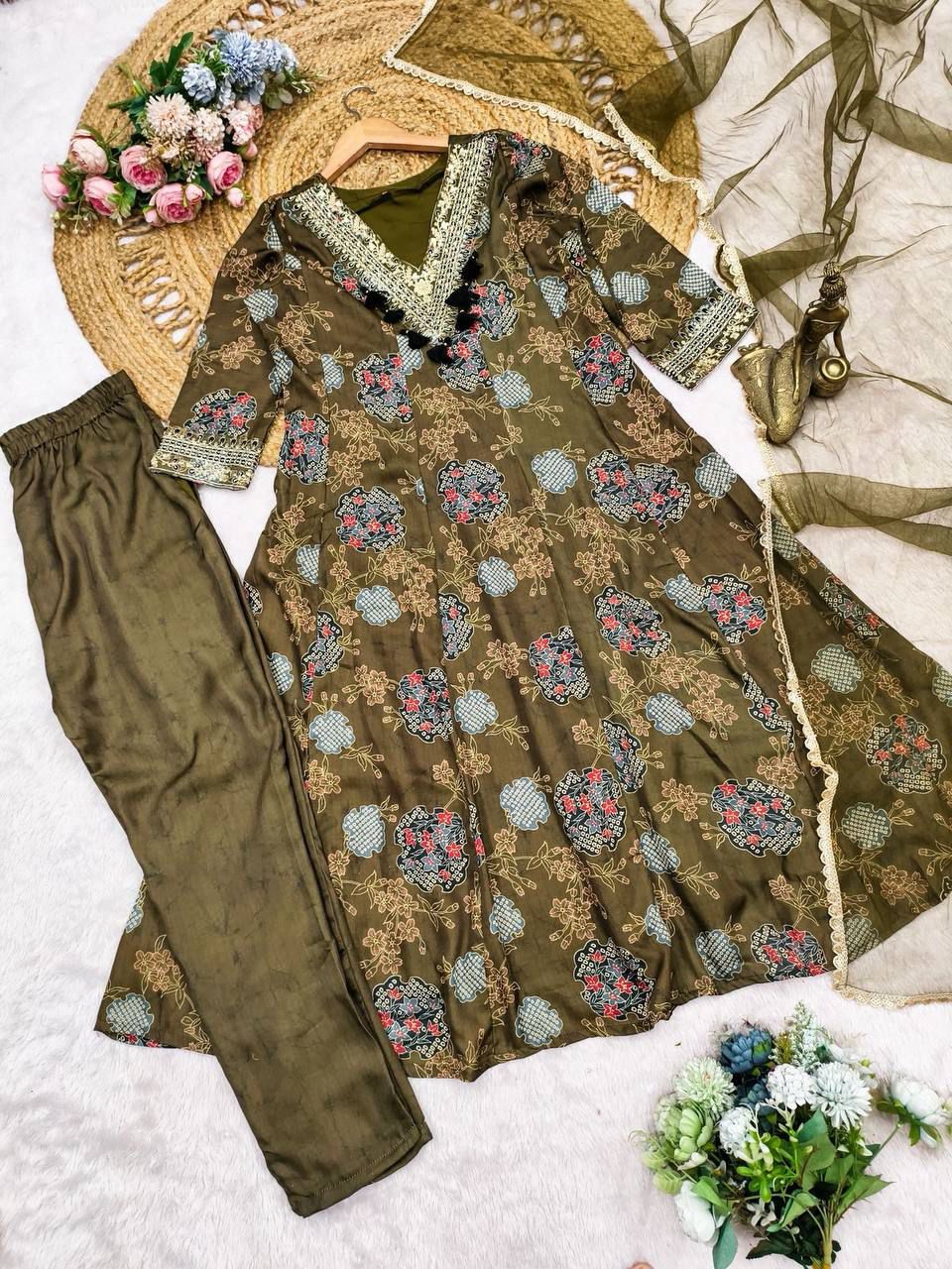Premium Designer Modal Satin Anarkali Salwar Suit With Dupatta