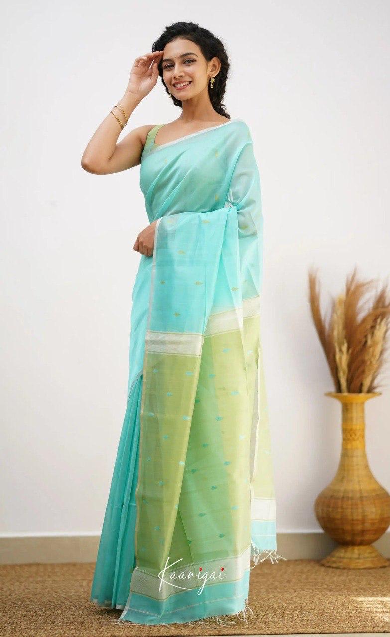 Sky Blue Soft Cotton Saree With Contrast Pastel Green Border
