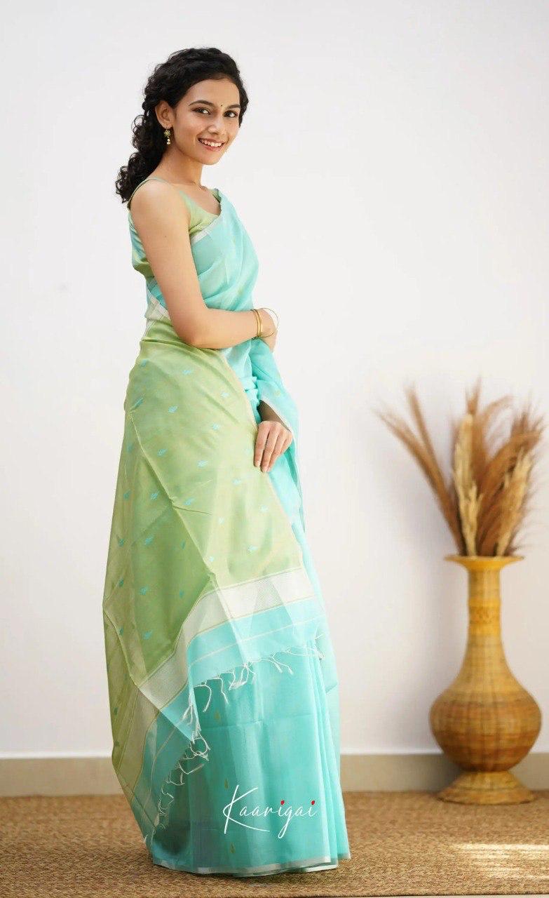 Sky Blue Soft Cotton Saree With Contrast Pastel Green Border
