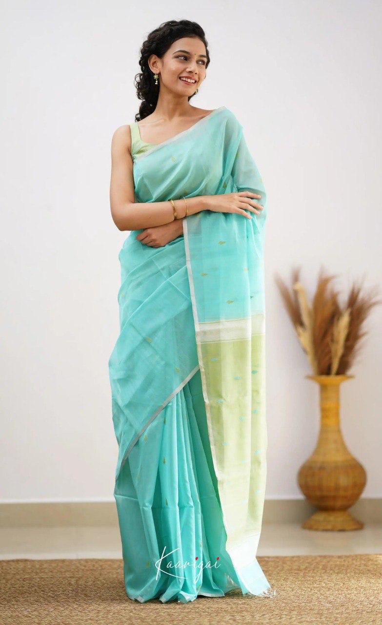 Sky Blue Soft Cotton Saree With Contrast Pastel Green Border
