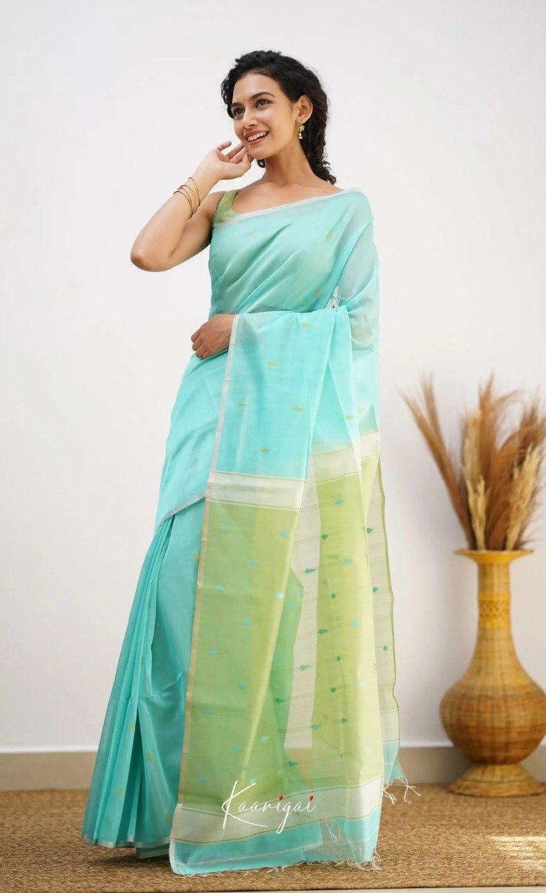 Sky Blue Soft Cotton Saree With Contrast Pastel Green Border