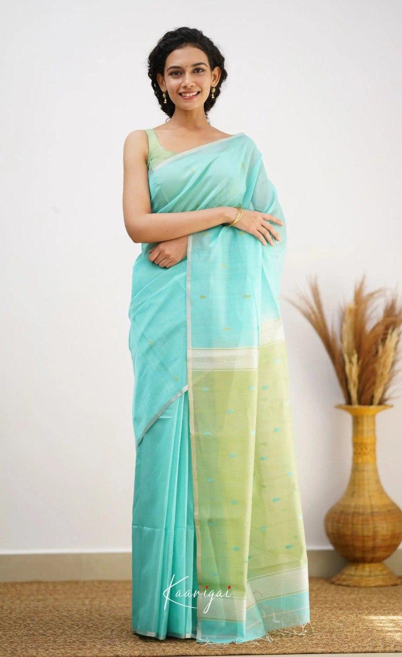 Sky Blue Soft Cotton Saree With Contrast Pastel Green Border