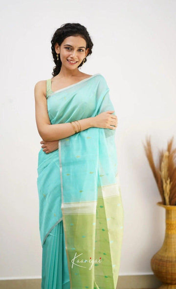 Sky Blue Soft Cotton Saree With Contrast Pastel Green Border