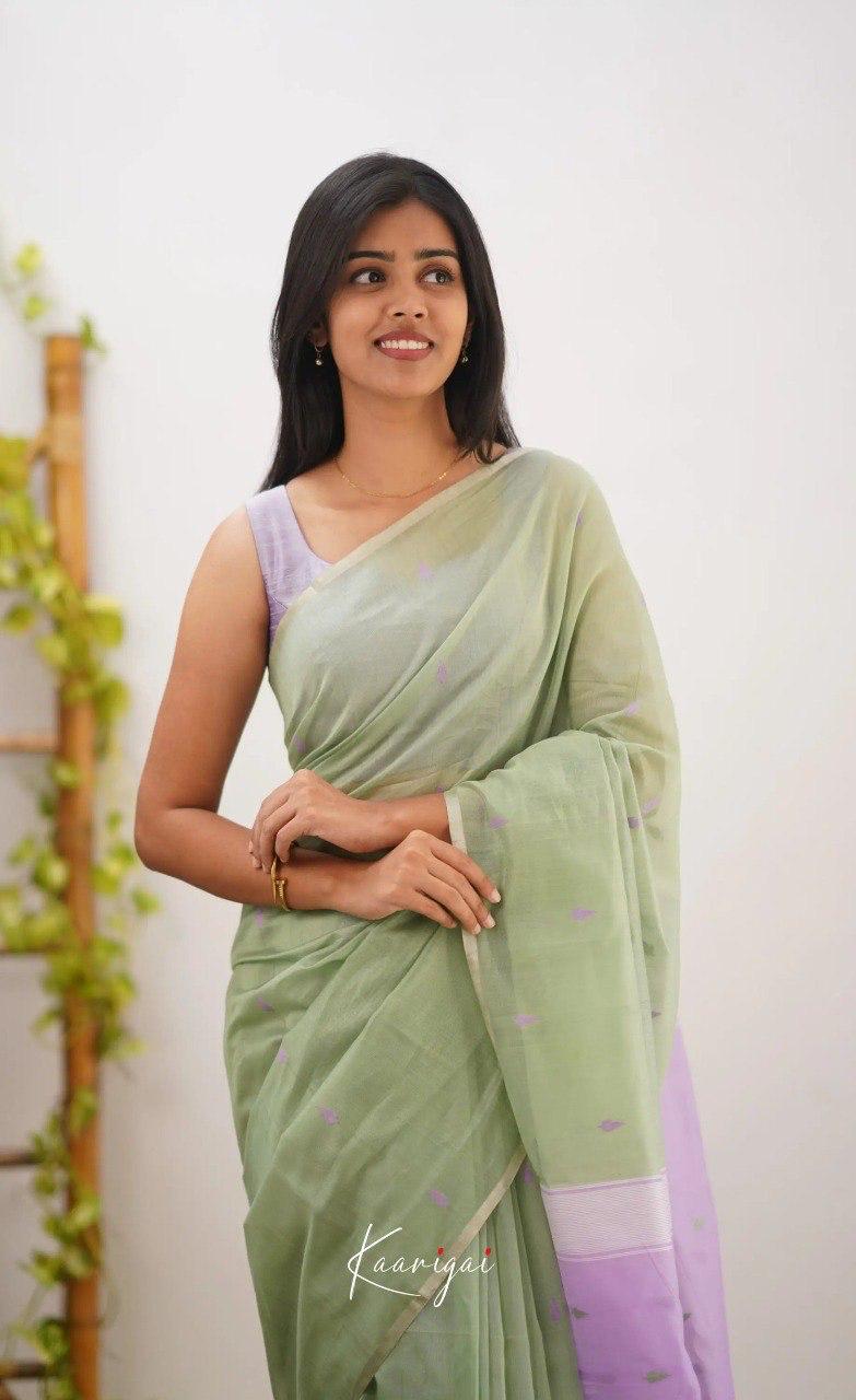 Sage Green Soft Cotton Saree With Contrast Lavender Border