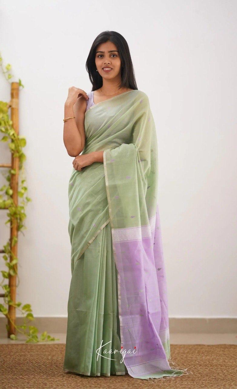 Sage Green Soft Cotton Saree With Contrast Lavender Border
