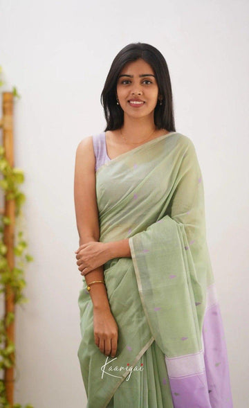 Sage Green Soft Cotton Saree With Contrast Lavender Border