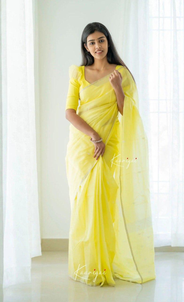 Light Yellow  Soft Cotton Saree With Contrast Cream  Border