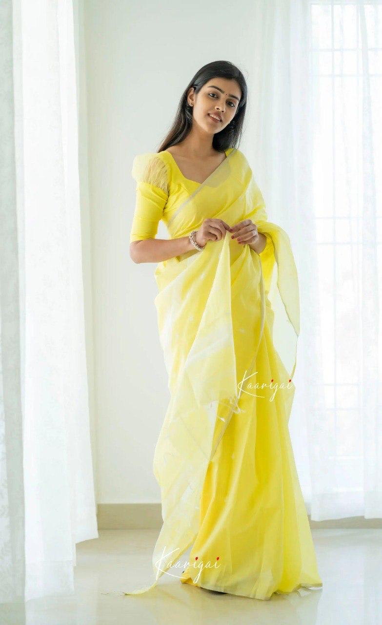 Light Yellow  Soft Cotton Saree With Contrast Cream  Border