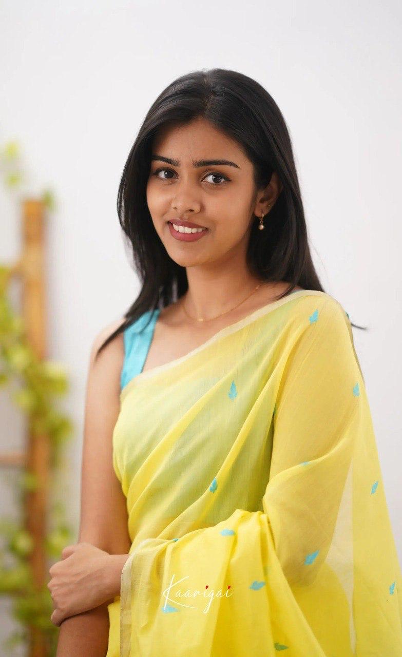 Yellow & Sky Blue Designer Contrast Saree with Silver Border & Blouse Piece