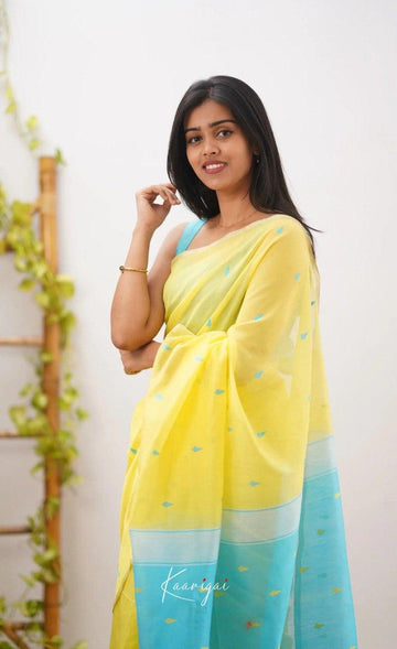Yellow & Sky Blue Designer Contrast Saree with Silver Border & Blouse Piece