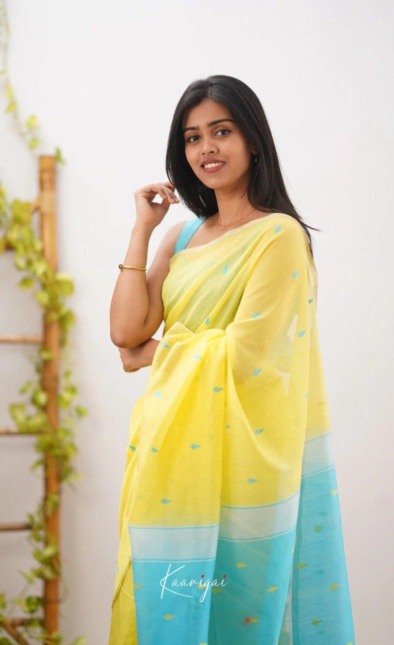 Yellow & Sky Blue Designer Contrast Saree with Silver Border & Blouse Piece