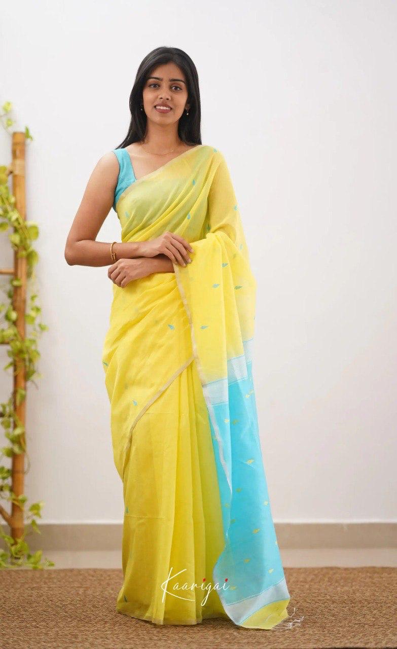 Yellow & Sky Blue Designer Contrast Saree with Silver Border & Blouse Piece