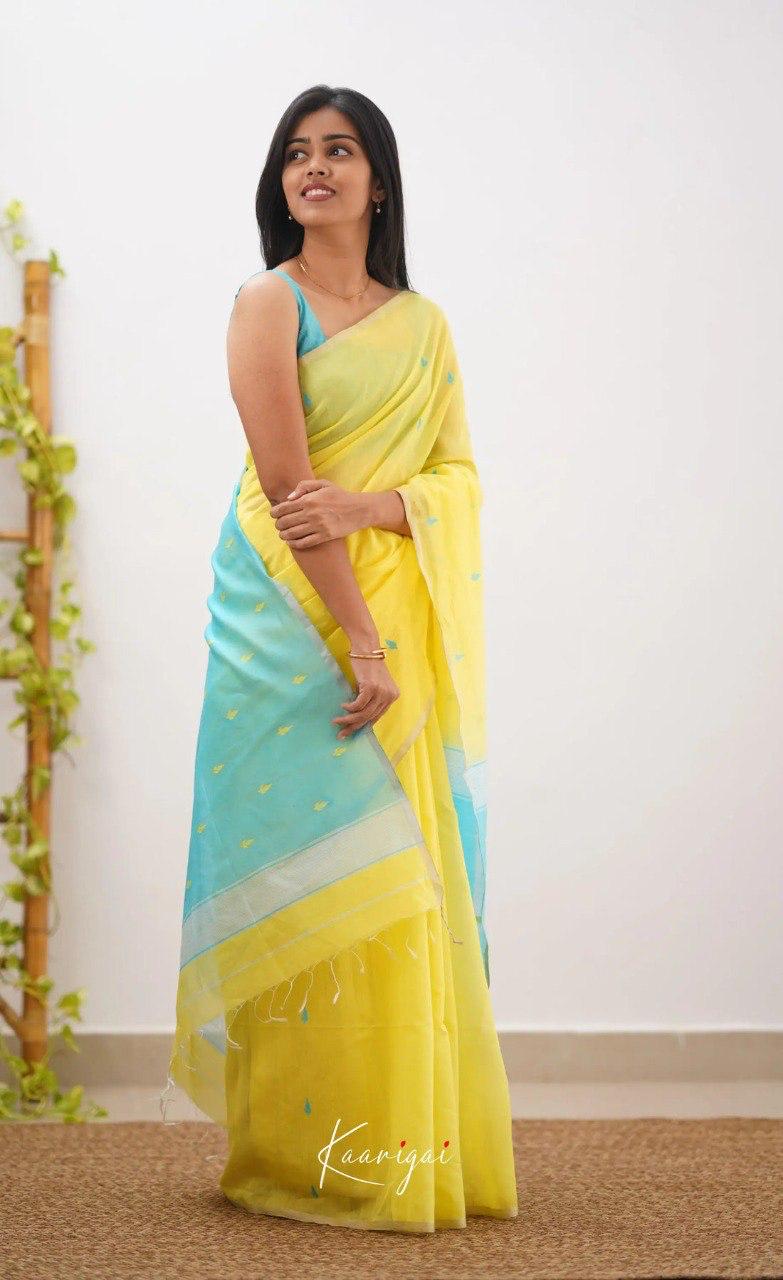 Yellow & Sky Blue Designer Contrast Saree with Silver Border & Blouse Piece