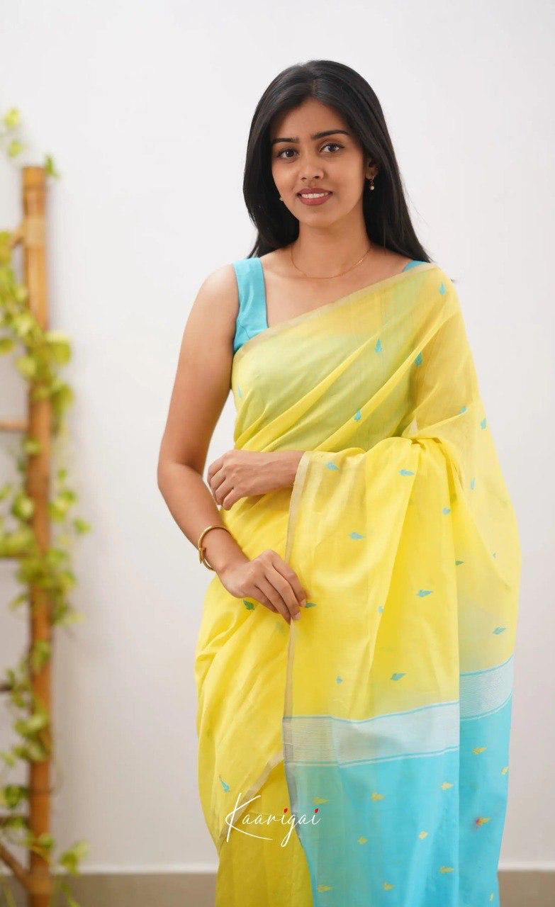 Yellow & Sky Blue Designer Contrast Saree with Silver Border & Blouse Piece