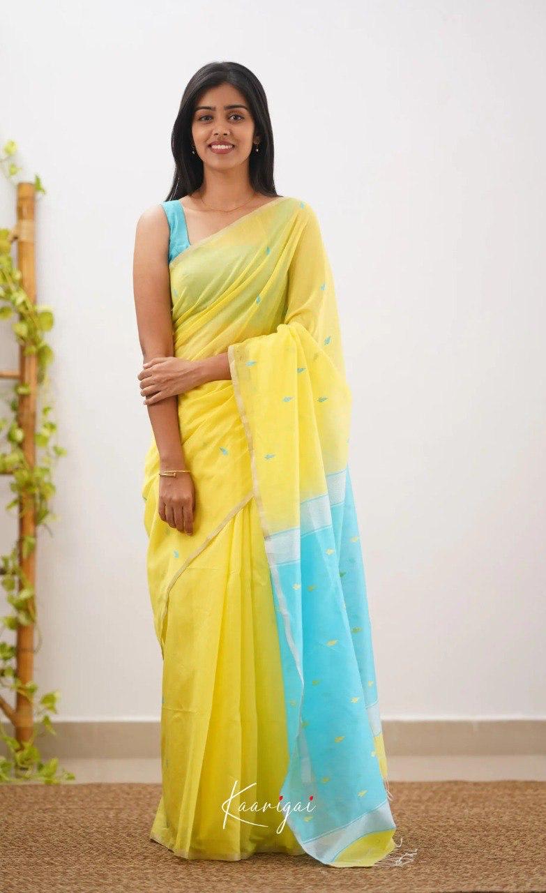 Yellow & Sky Blue Designer Contrast Saree with Silver Border & Blouse Piece