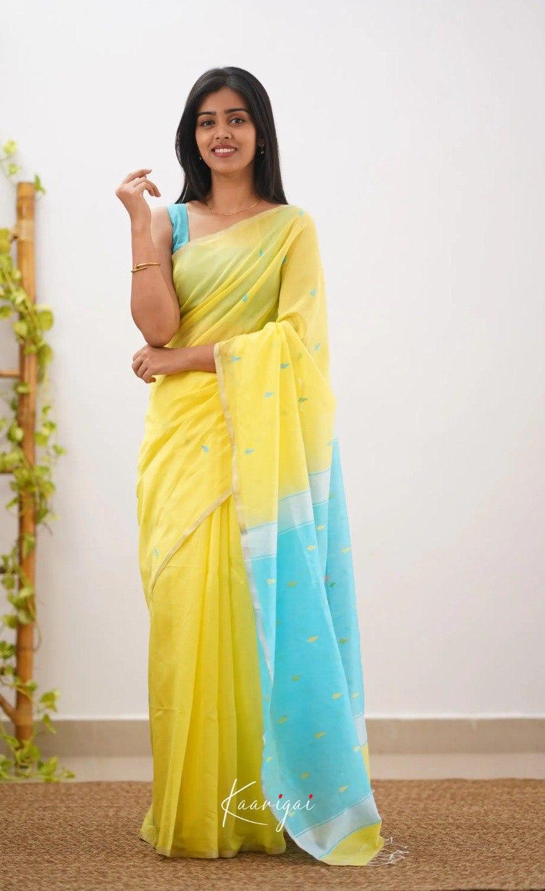 Yellow & Sky Blue Designer Contrast Saree with Silver Border & Blouse Piece