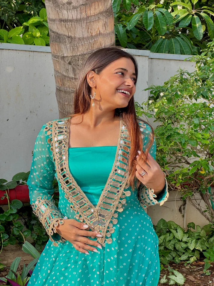 Anarkali Suit Set Designer Mirror Work -Georgette Fabric | Available in Mehendi Green, Royal Blue, Black  & Wine Purple
