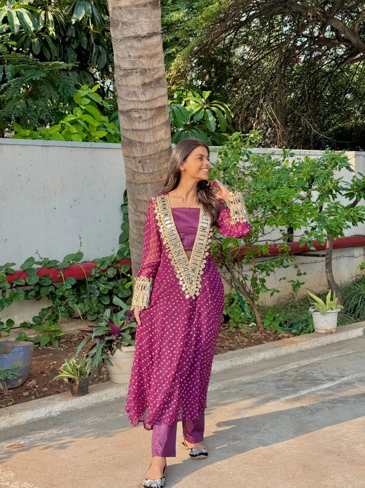 Anarkali Suit Set Designer Mirror Work -Georgette Fabric | Available in Mehendi Green, Royal Blue, Black  & Wine Purple
