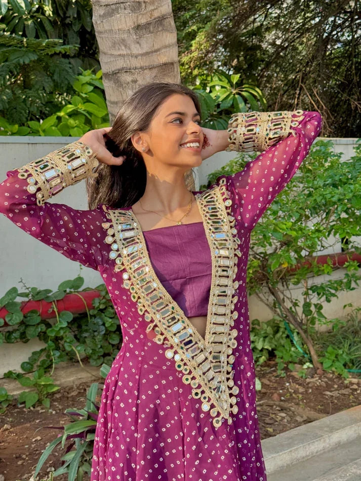 Anarkali Suit Set Designer Mirror Work -Georgette Fabric | Available in Mehendi Green, Royal Blue, Black  & Wine Purple