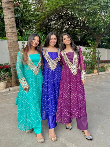Anarkali Suit Set Designer Mirror Work -Georgette Fabric | Available in Mehendi Green, Royal Blue, Black  & Wine Purple