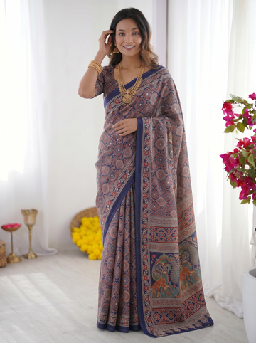 Royal Blue Modal Silk Saree with Intricate Ajrakh-Inspired Geometric Prints, Peacock Artistic Pallu & Traditional Border
