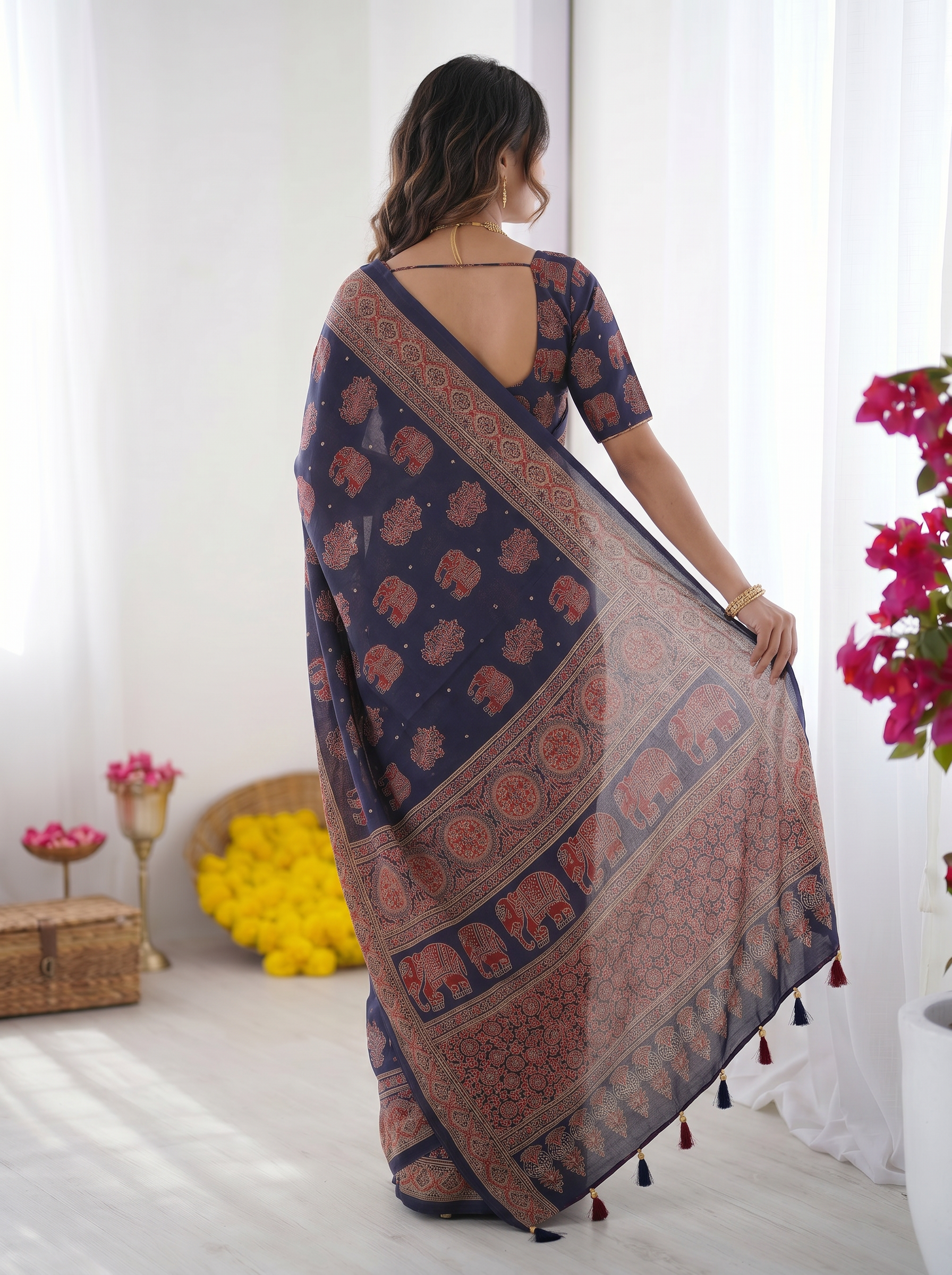 Navy Blue Modal Silk Saree with Elephant Motif Ajrakh Print & Heritage Designer Pallu | Traditional Festive Wear Saree