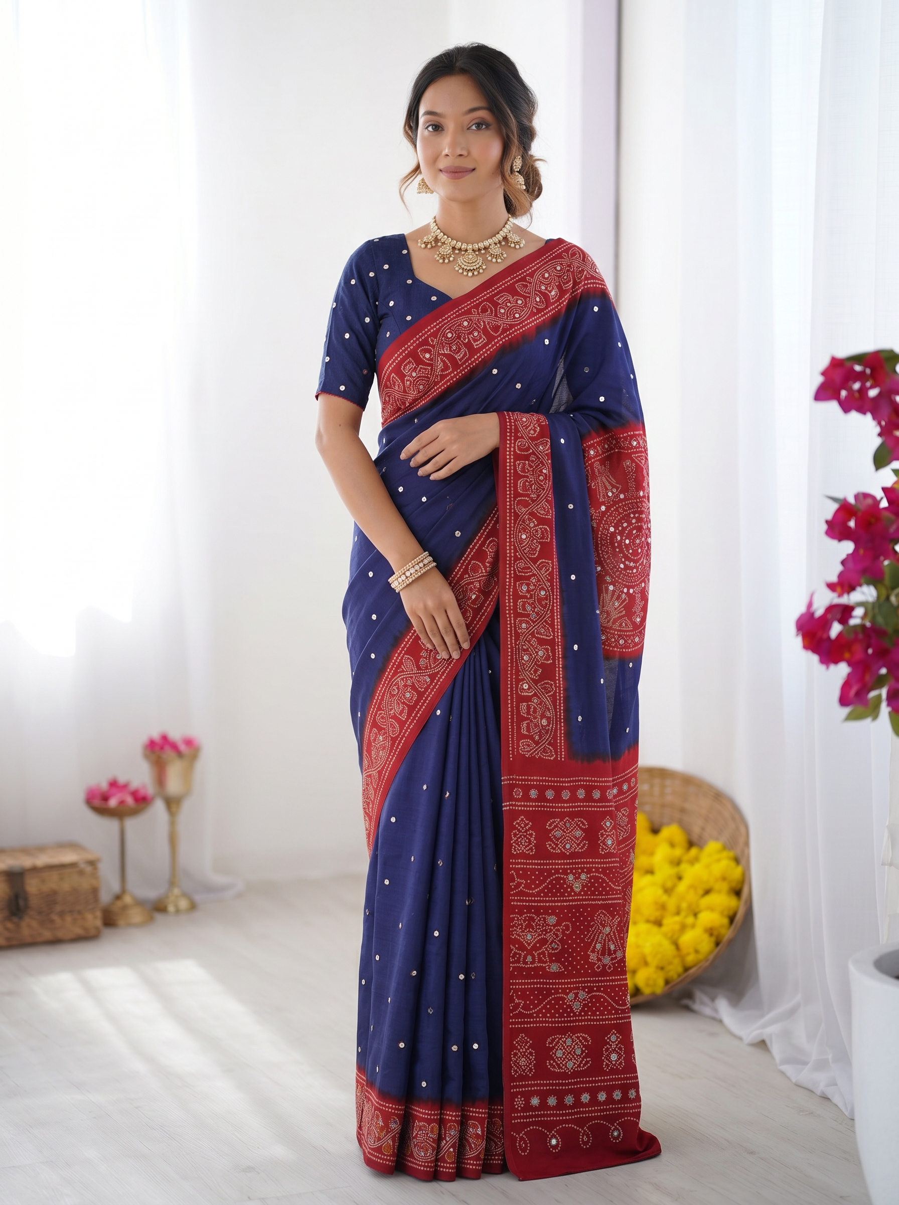 Royal Blue & Crimson Red Bandhani Inspired Modal Silk Saree with Traditional Folk Art Pallu & Stone Embellishments