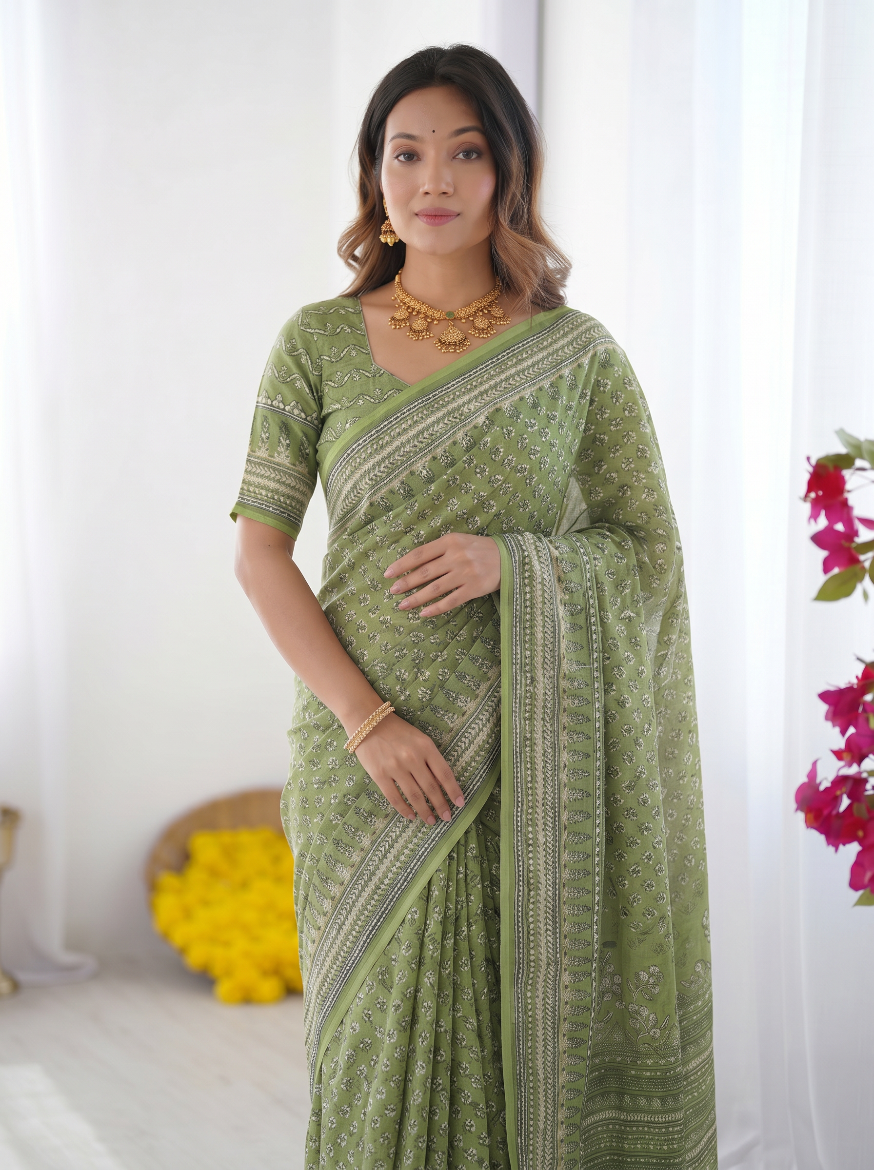 Sage Green Modal Silk Saree with Delicate Floral Butti Prints, Traditional Heritage Border & Elegant Designer Pallu