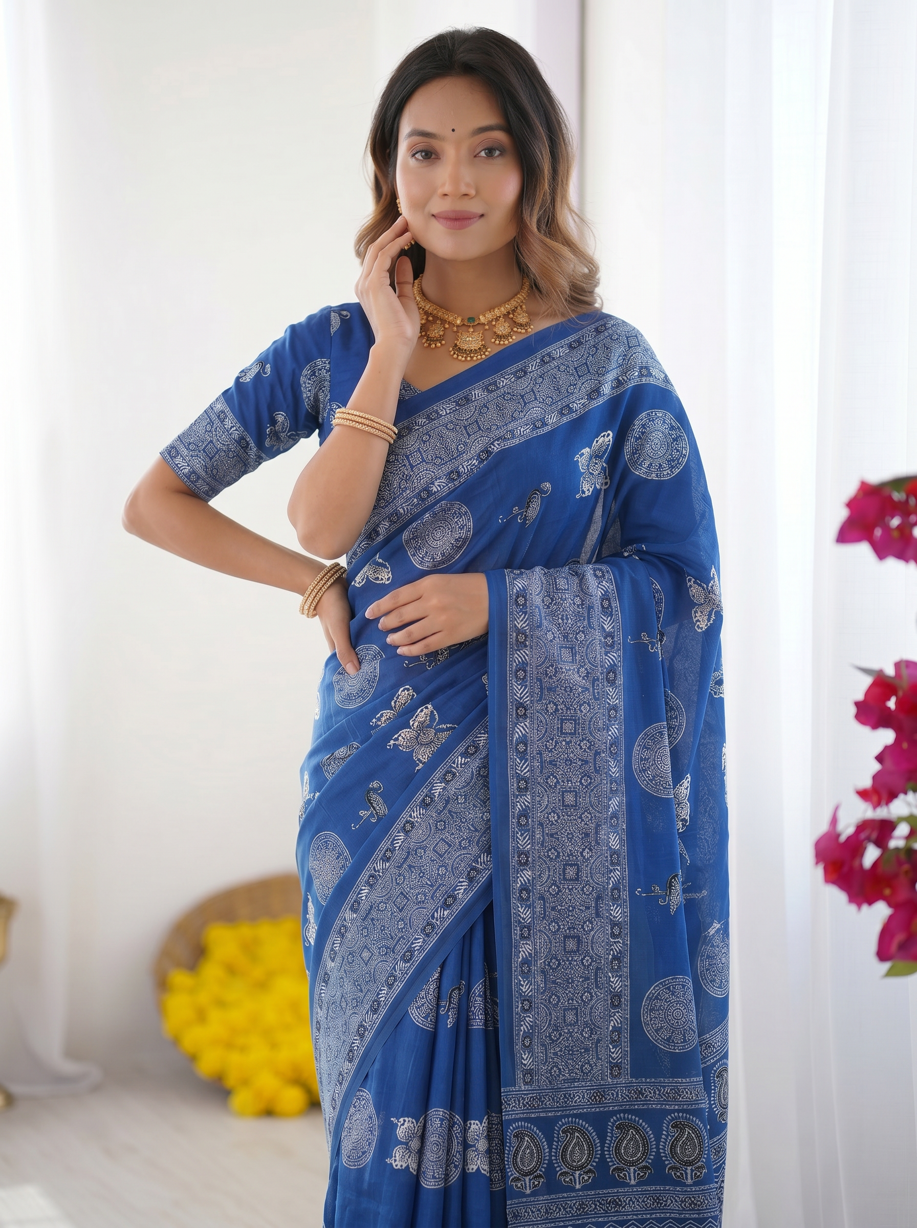 Royal Blue Modal Silk Saree with Paisley & Circular Motif Print | Designer Heritage Pallu Saree for Festive Wear