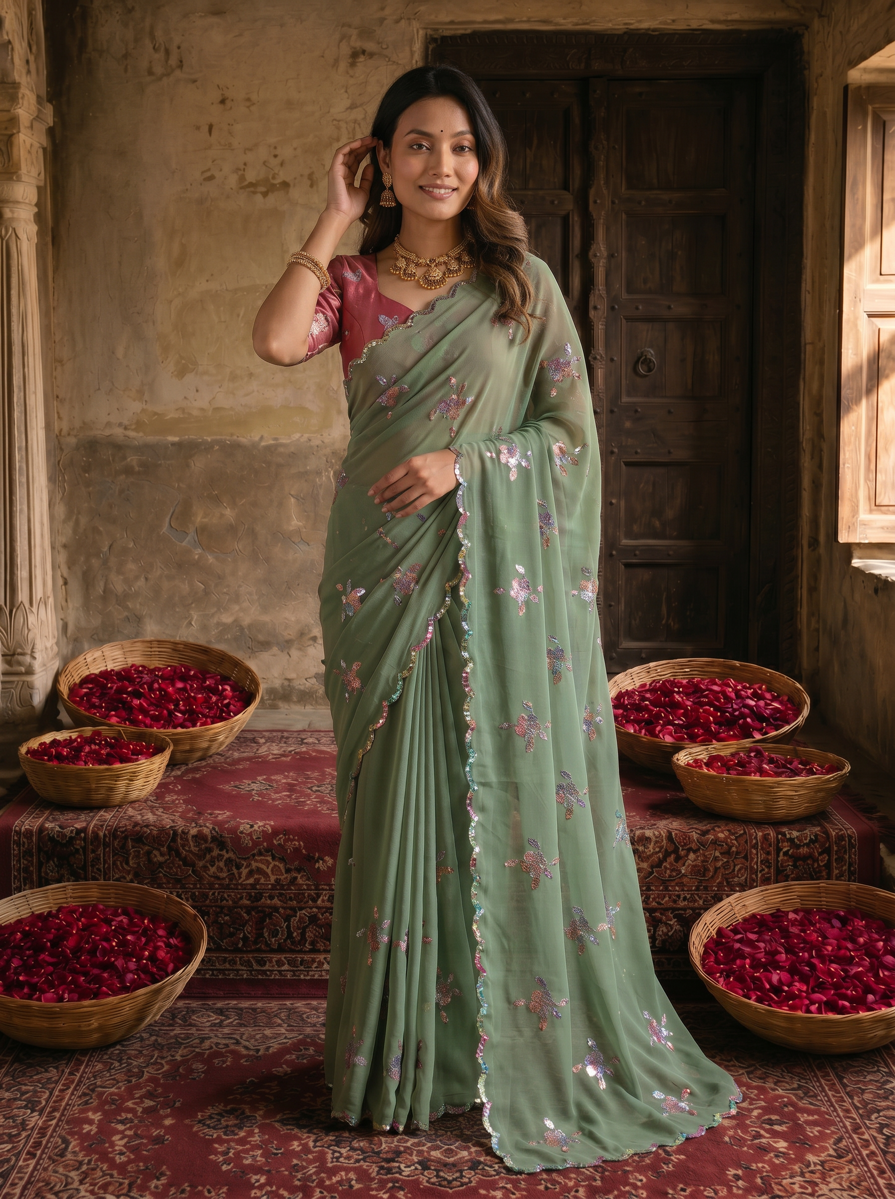Sage Green Georgette Embroidered Saree with Floral Sequin Work & Designer Blouse