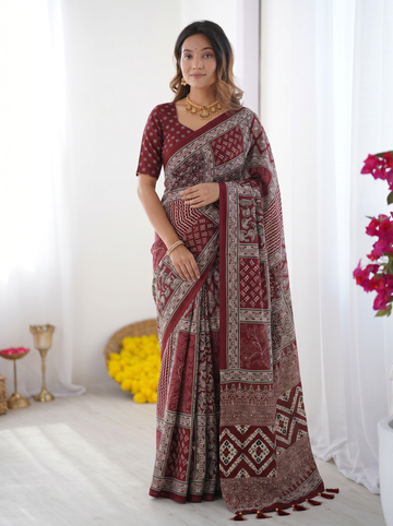 Maroon Modal Silk Saree with Tribal & Geometric Print | Designer Ethnic Pallu Saree for Festive & Cultural Wear