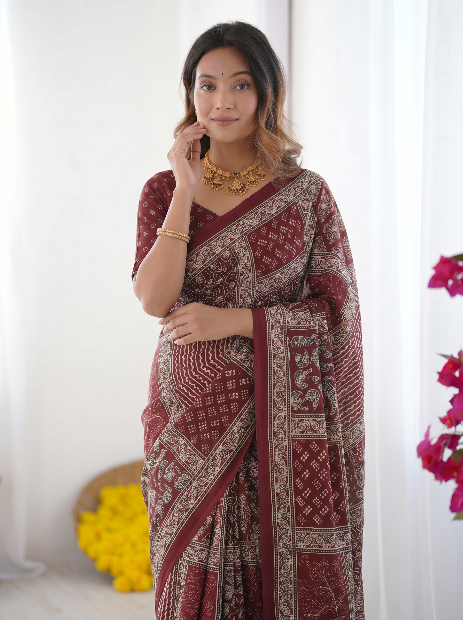 Maroon Modal Silk Saree with Tribal & Geometric Print | Designer Ethnic Pallu Saree for Festive & Cultural Wear