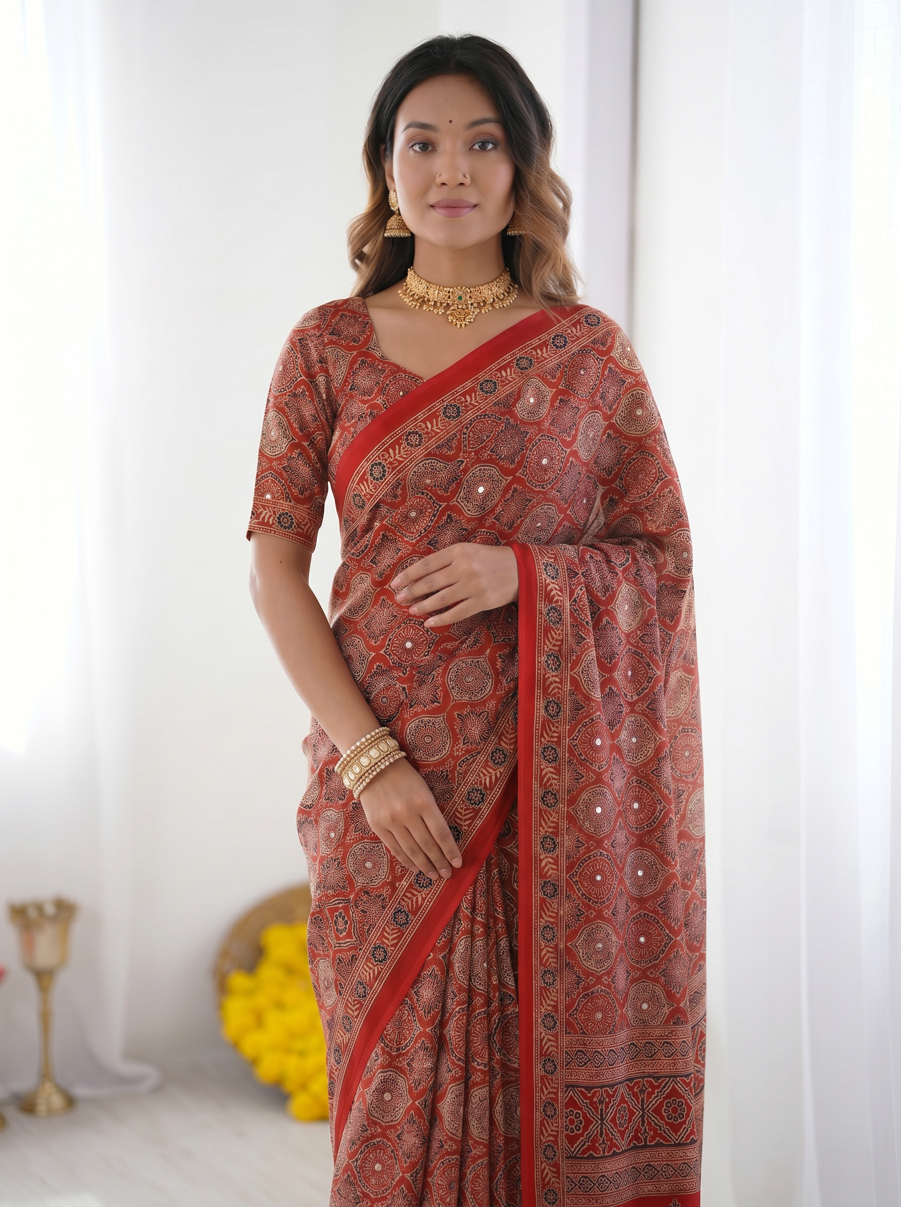 Rustic Brick Red Modal Silk Saree with Heritage Geometric Motifs, Traditional Designer Border & Artistic Pallu