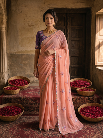 Peach Pink Georgette Embroidered Saree with Floral Sequin Work & Contrast Purple Blouse