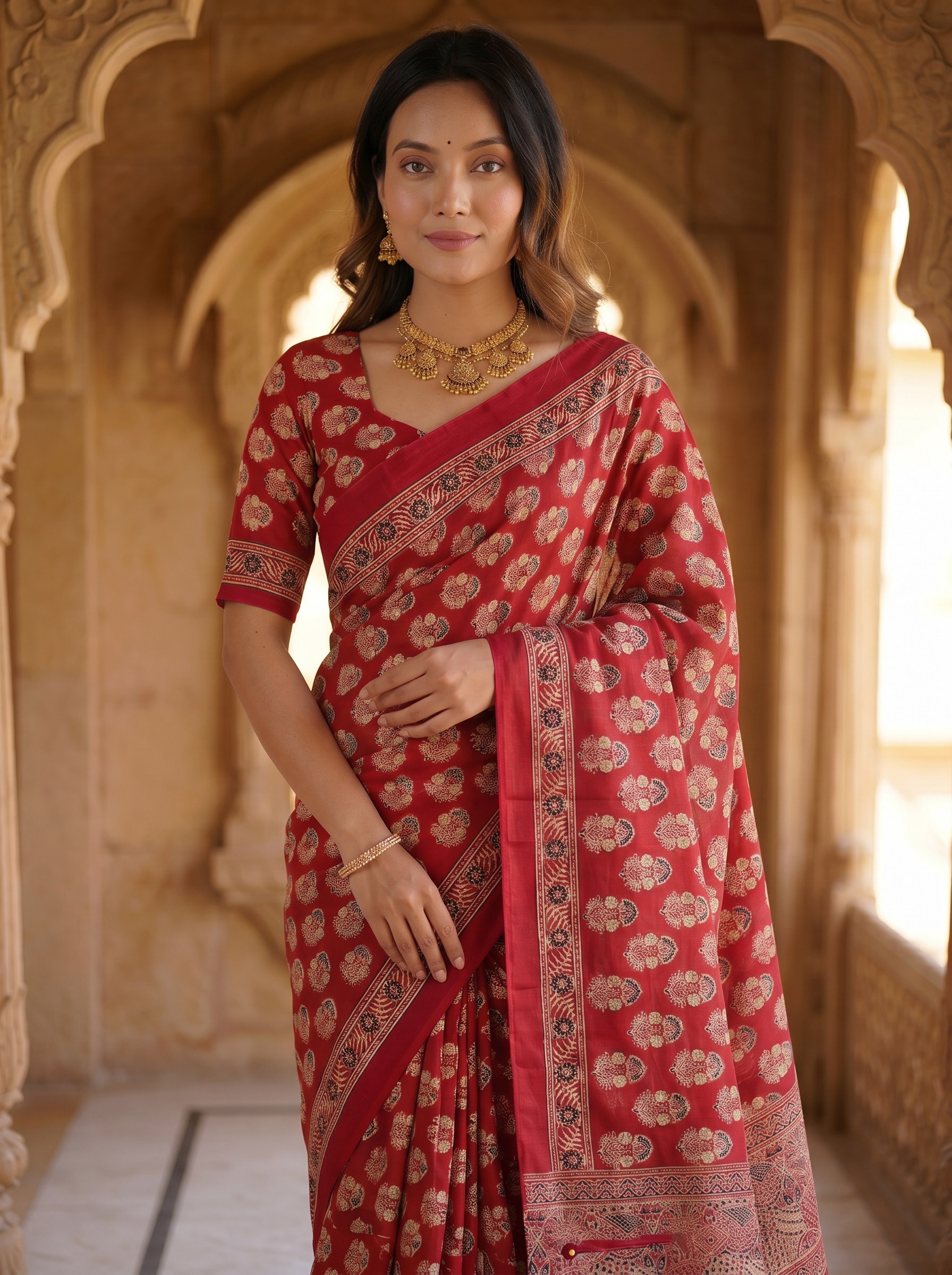 Royal Crimson Red Pure Modal Silk Saree with Heritage Floral Buti Print & Traditional Designer Pallu