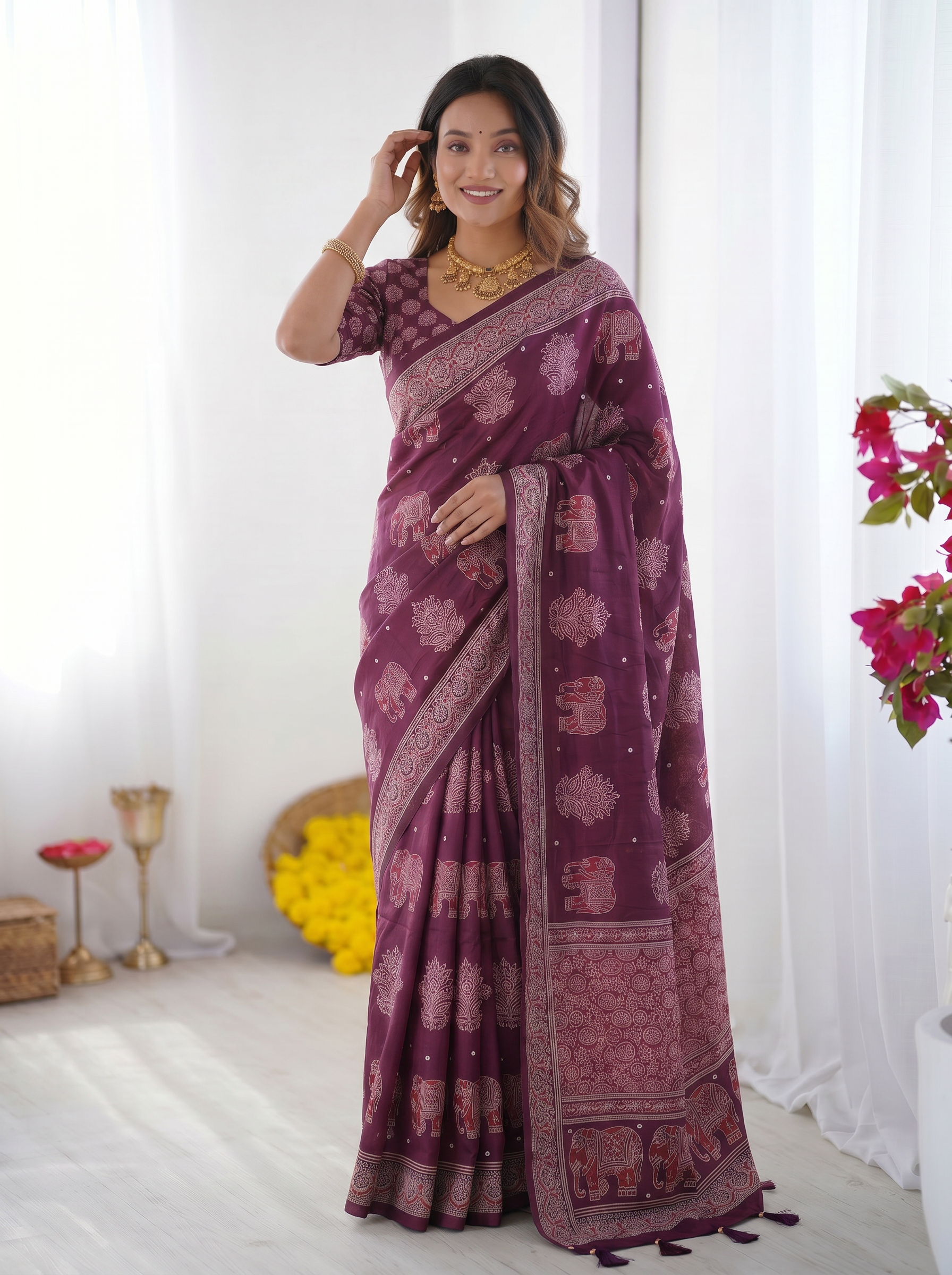 Plum Purple Modal Silk Saree with Elephant Motif Print & Heritage Designer Pallu | Traditional Festive Wear Saree