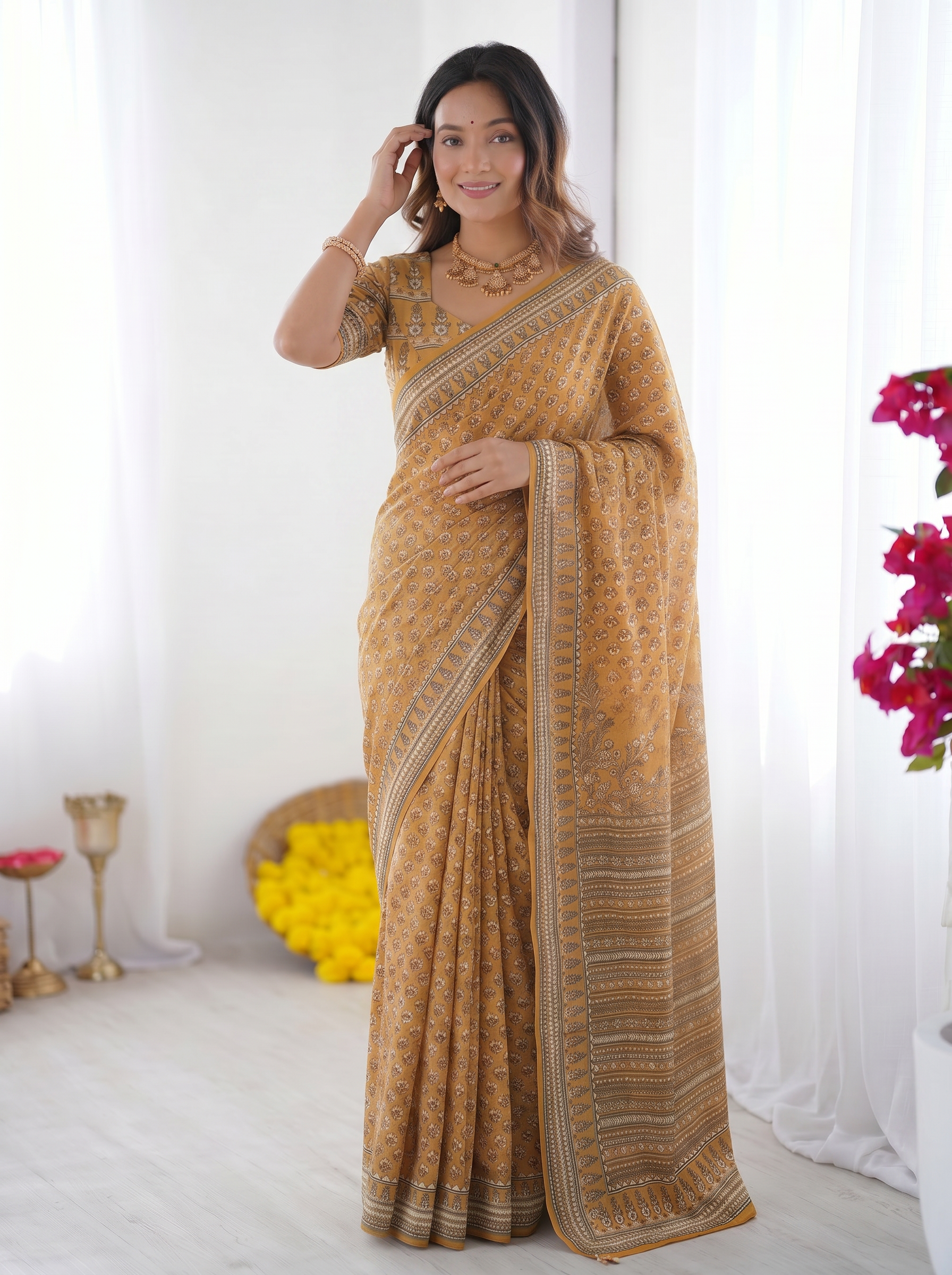 Mustard Yellow Modal Silk Saree with Traditional Floral Butti Prints, Heritage Border & Elegant Designer Pallu