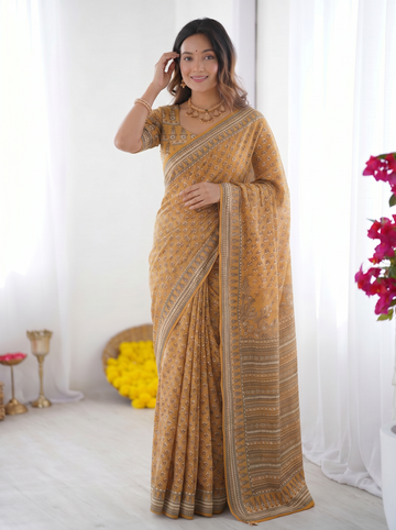 Mustard Yellow Modal Silk Saree with Traditional Floral Butti Prints, Heritage Border & Elegant Designer Pallu