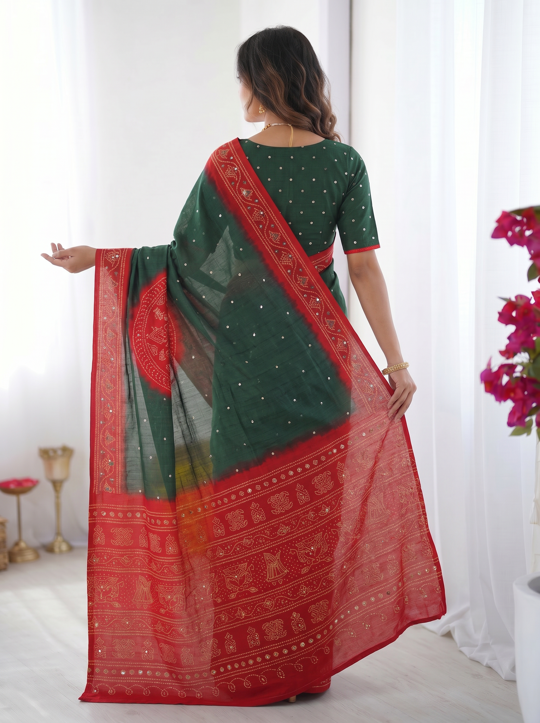 Bottle Green & Ruby Red Bandhani Inspired Cotton Silk Saree with Traditional Folk Print Border & Designer Pallu