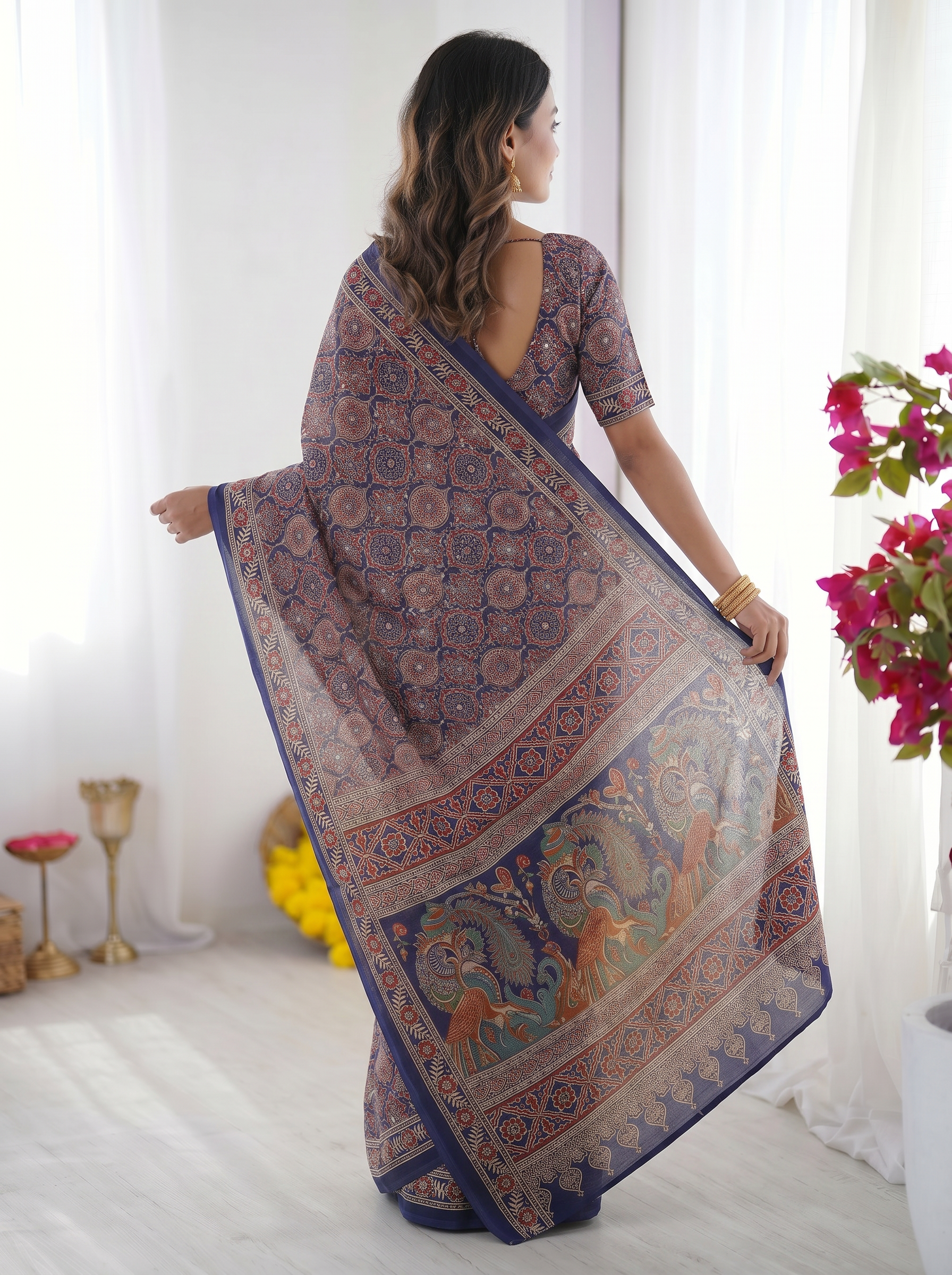 Royal Blue Modal Silk Saree with Intricate Ajrakh-Inspired Geometric Prints, Peacock Artistic Pallu & Traditional Border