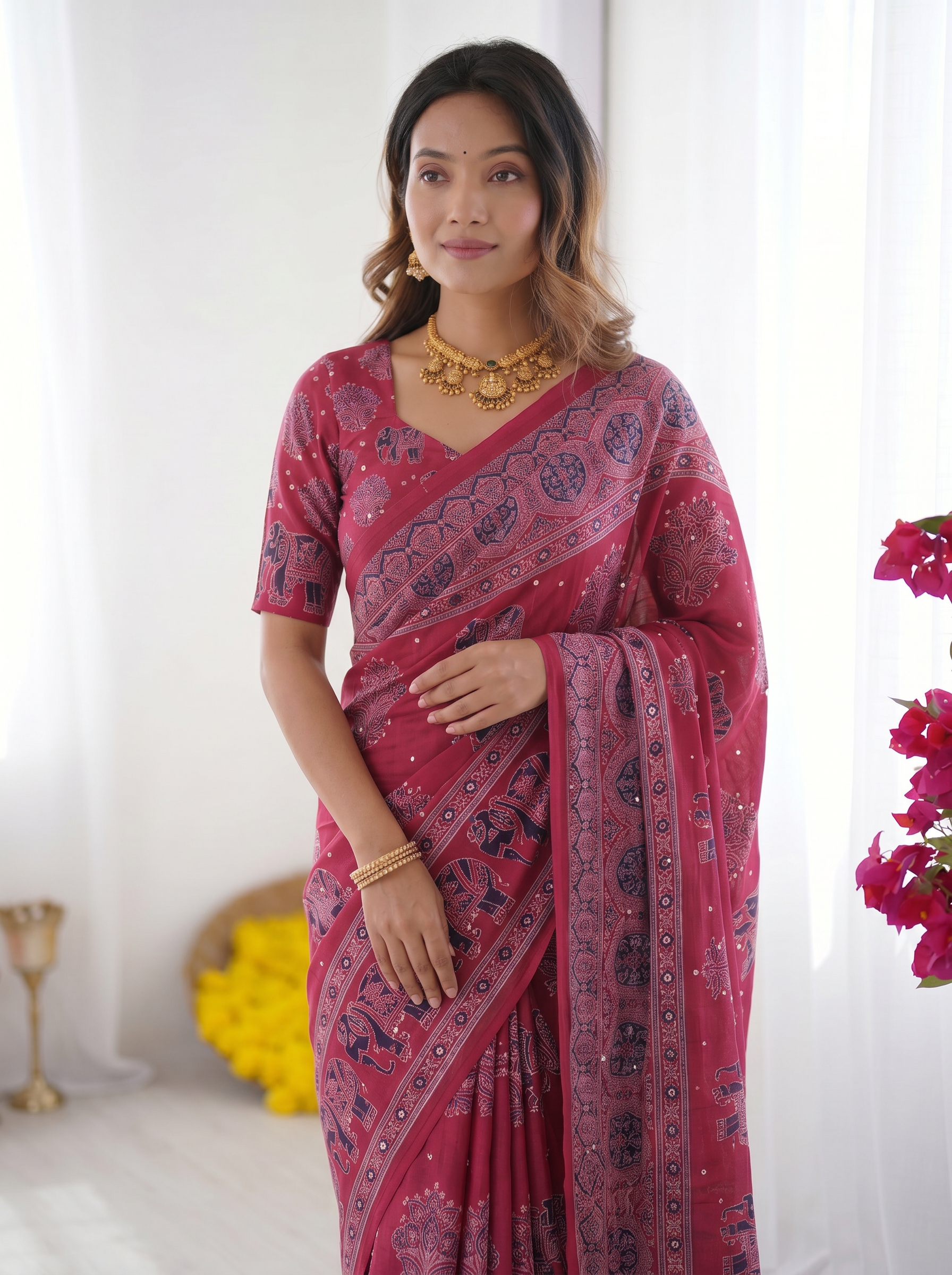 Rani Pink Modal Silk Saree with Elephant Motif Ajrakh Print & Designer Pallu | Festive Ethnic Wear Saree