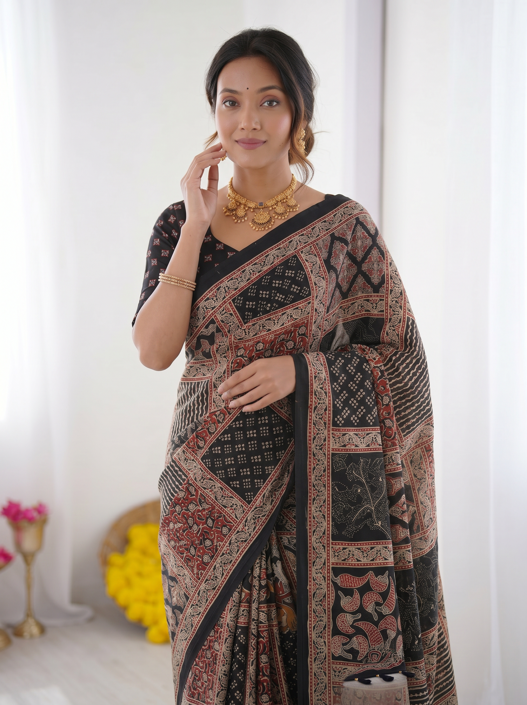 Black Modal Silk Saree with Tribal & Geometric Print | Designer Heritage Pallu Saree for Festive Wear